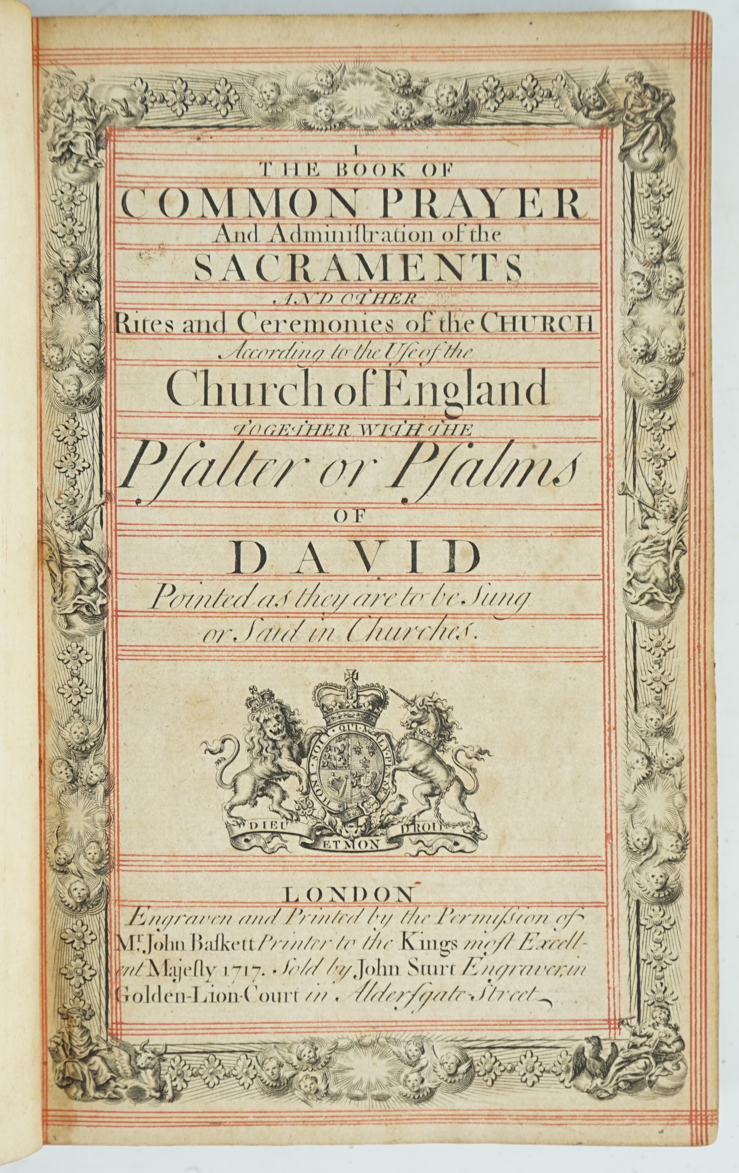 Book of Common Prayer and Administration of the Sacraments - Experimental edition, 8vo, red morocco, panel gilt embossed with lozenge devices and acorns, engraved title, portraits, volvelle to title verso, and vignette p